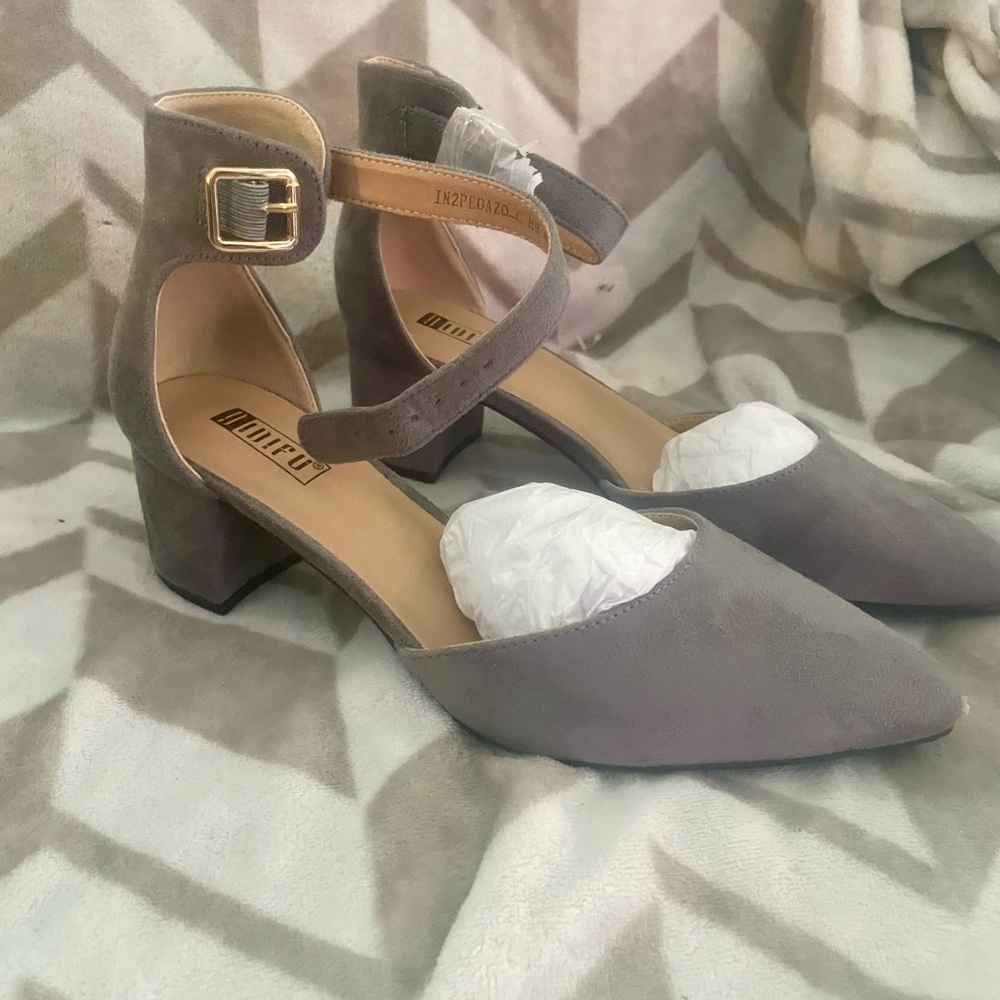 IDIFU Gray Ankle Strap Block Heels